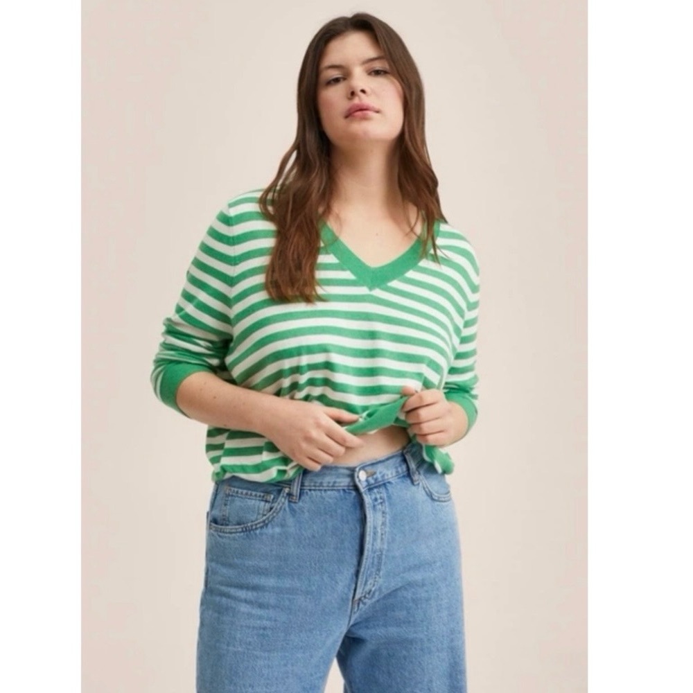 MANGO Green White Striped V-Neck Pullover Sweater  27024017 Size 3XL